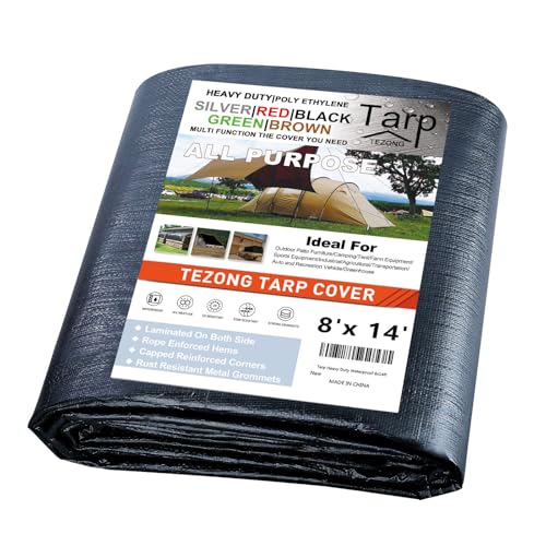 Tarps Heavy Duty Waterproof 8x14ft,TEZONG Black Tarp 12MIL Plastic Tarpaulin Outdoor Tarp Cover for Emergency Rain,Patio Furniture,Wood,Roof,Camping,Car,Pool