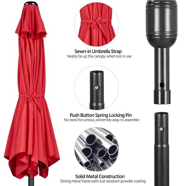 Yaheetech Parasol przeciwsłoneczny, ogrodowy, Ø 230 cm, parasol balkonowy z 6 żebrami, okrągły, ochrona przed słońcem, na taras, na balkon, czerwony