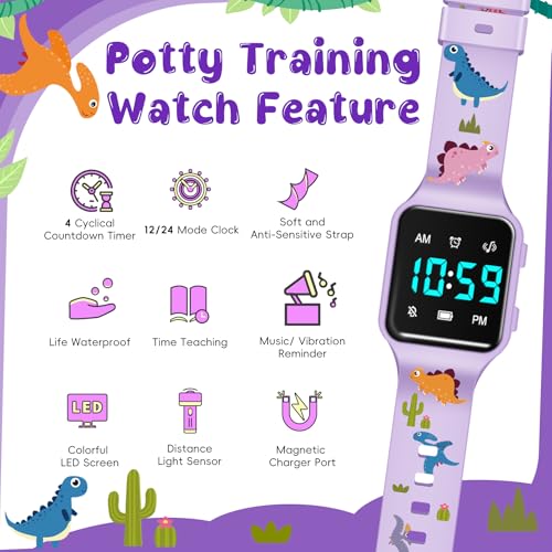 Potty Training Watch for Toddlers & Kids with Countdown, Flashing Lights, Fun Music or Vibration Alerts - Waterproof Interactive Toilet Training Reminder for Boys & Girls Ages 2-93