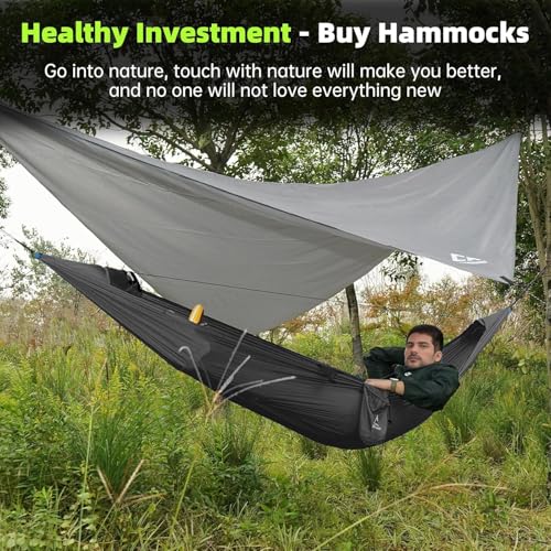 Image of Camping Hammock with Mosquito Net, Underquilt & Rain Fly Tarp - 2 Person Portable Hammock Set for Hiking, Backpacking, Travel, Backyard, Beach - Holds Up to 500lbs (Black)