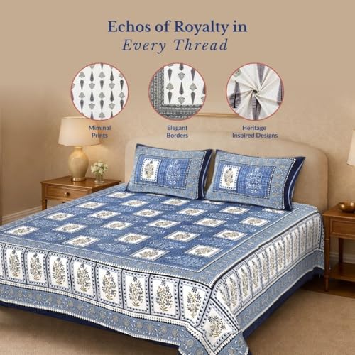 Image of Jaipur Weaves Jaipuri Double Bed Cotton Bedsheet Queen Size 90x85, 120 TC 100% Pure Cotton Bed Sheet with 2 Pillow Covers, Floral Traditional Print (Blue Blocks, Double)