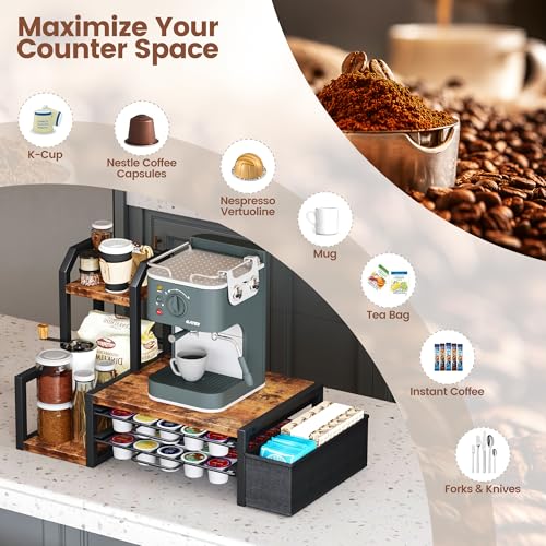 Image of Homeiju K Cup Organizer for Countertop,Holds 60 K-Cups & 10 Syrup Bottles | Coffee Station Organizer with Coffee Pod Holder, Pull-Out Drawer with Anti-Slide Lock, Side Basket & Syrup Rack, Rustic Brown