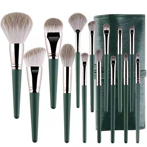 Juegos de Pinceles de Maquillaje, Profesional de 14 Pinceles Suaves y Densos con Estuche Verde para Guardarlos y Protegerlos, para Correctores de Rubor en Polvo, Contorneado y Resaltado