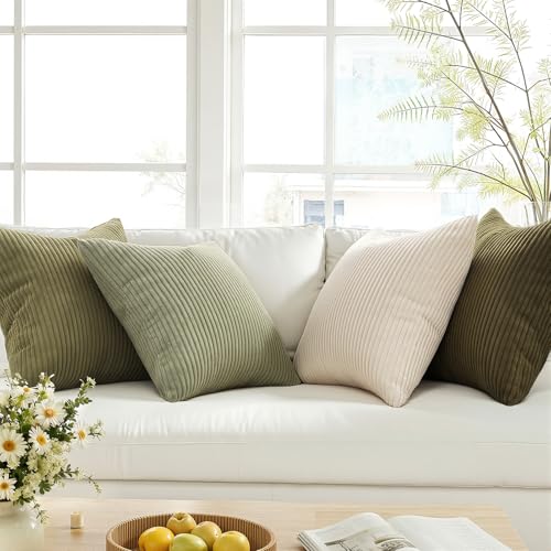 Image of Topfinel 20x20 Pillow Covers Set of 4 Mordern Nordic Green White Throw Pillow Cover Soft Corduroy Cushion Cases Spring Home Decor for Couch Bed Sofa Living Room Forest Green