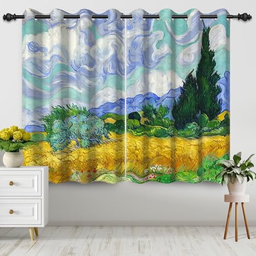 Uiiooazy Van Gogh - Cortinas opacas con pintura al óleo para dormitorio, sala de estar, campo de trigo con cipreses, cortinas de ventana de trigo dorado, nubes de trigo y árboles, 134 x 198 cm, juego