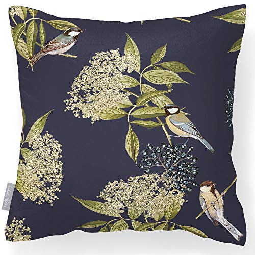 Izabela Petersu00ae - Cojín de terciopelo de lujo, tacto suave, colección Lakeland, pájaro sobre flor de saúco, diseño impreso, hecho a mano en el Reino Unido