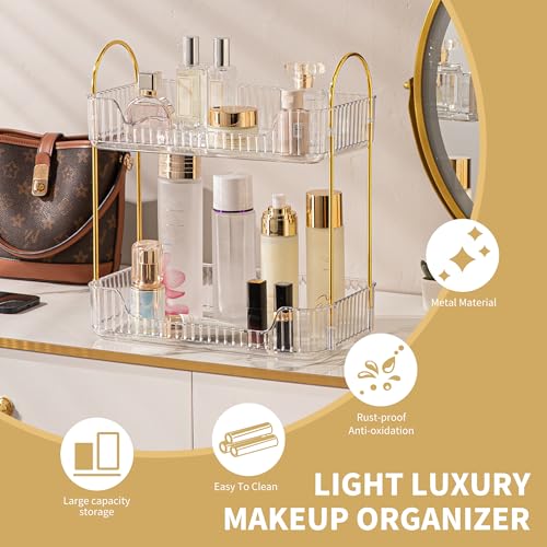 Image of Akinbas 2 Tier Bathroom Organizer Countertop Makeup Perfume Tray Skincare Organizer for Bathroom Dresser Vanity (White)