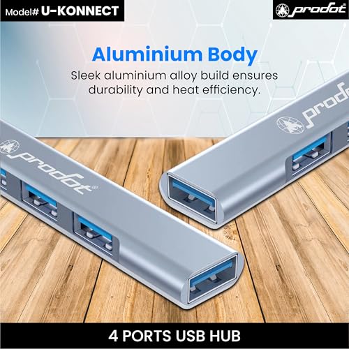 Image of ProDot U-Konnect 4-Port USB Hub, Multiport Adapter with 1 x USB 3.0 & 3 x USB 2.0 Ports, 5 Gbps Fast Data Transfer, Compact Plug & Play USB Splitter for MacBook, Laptop, PC (Aluminum, Silver)