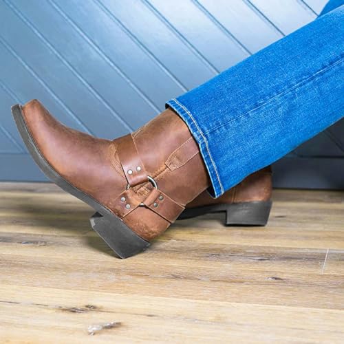 Men's Belt Strap Studded Western Cowboy Boots Square Toe Chunky Heel Ankle Boots Durable Outdoor Short Boots2