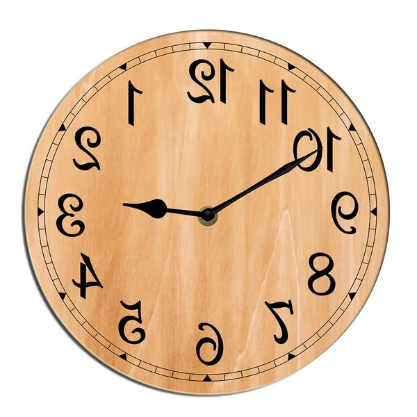 Horienteeon Horloge murale inversée silencieuse sans tic-tac horloge en bois décorative alimentée par piles pour chambre cuisine salon salle de bain ronde 25 cm