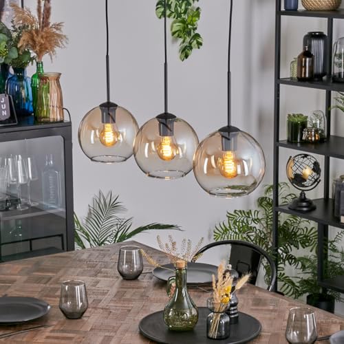 HOFSTEIN Koyoto - Lámpara colgante de 3 focos de metal y cristal en negro/ámbar/transparente, moderna lámpara colgante de diseño retro vintage (pantallas de 20 cm de diámetro), E27, comedor, salón,