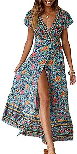 ZESICA Women's 2023 Bohemian Floral Printed Wrap V Neck Short Sleeve Split Beach Party Maxi Dress,Green,Medium