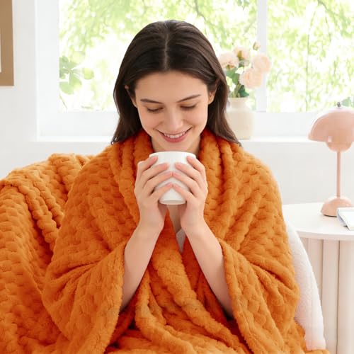 Image of BEDELITE Fall Throw Blanket for Couch, Soft Gifts for Women, Orange, 50*60 | 3D Jacquard Decorative Fleece Blanket, Super Soft Plush Throws, Cute Birthday Gift for Women & Men, Suitable for Autumn
