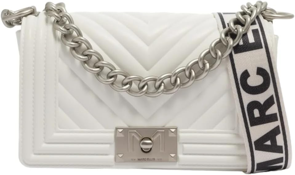 MARC ELLIS Flat M Shoulder Bag Matelassè White/Silver, White, 25 x 15 x 7.5 cm