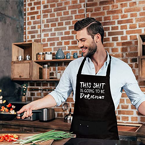Skull Chef This Is Going To Be Delicious Aprons, Funny Black Bbq Chef Aprons For Men Women With 3 Pockets, Cute Gardening Grill Kitchen Cooking Apron For Birthday/Christmas/Thanksgiving For Family #TOP5