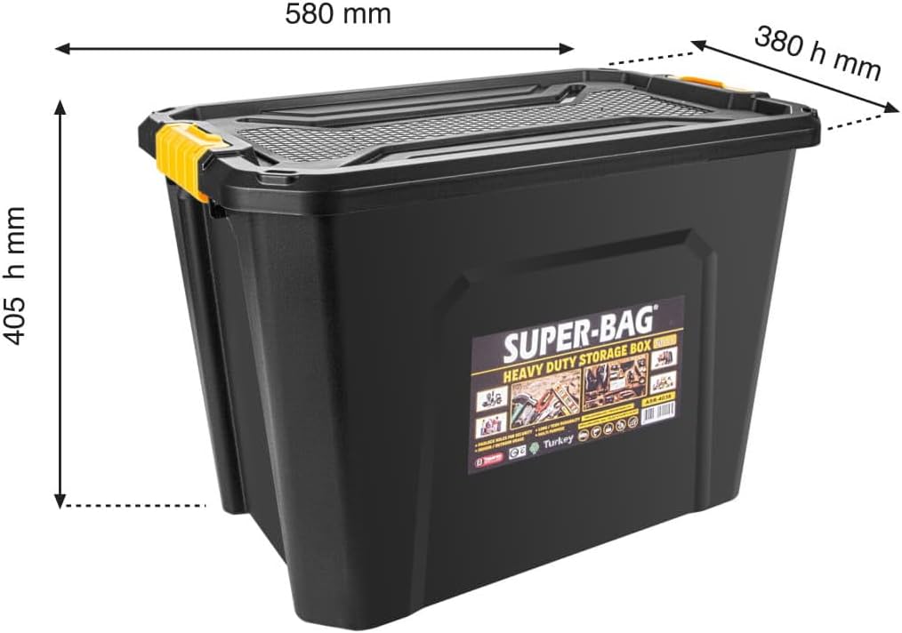 Super Bag 60 L Kapaklı Saklama Kutusu, Ağır Hizmet Depolama Kutusu, Çok Amaçlı Plastik Koli ve Düzenleme Kutusu, Kilitli Kapaklı, Ev Garaj Depo Ofis Kullanımı