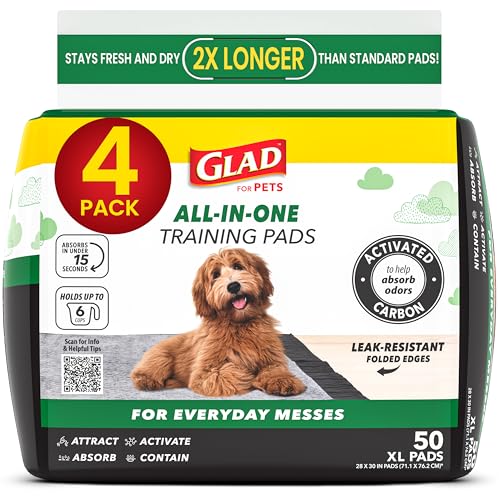 Image of Glad for Pets Extra Large Charcoal Dog Training Pads, Absorbent Leak Proof Pee Pads for Dogs and Puppies, Odor Control Potty Pads with Activated Carbon, 28 x 30 Inches, 50 Count - 4 Pack