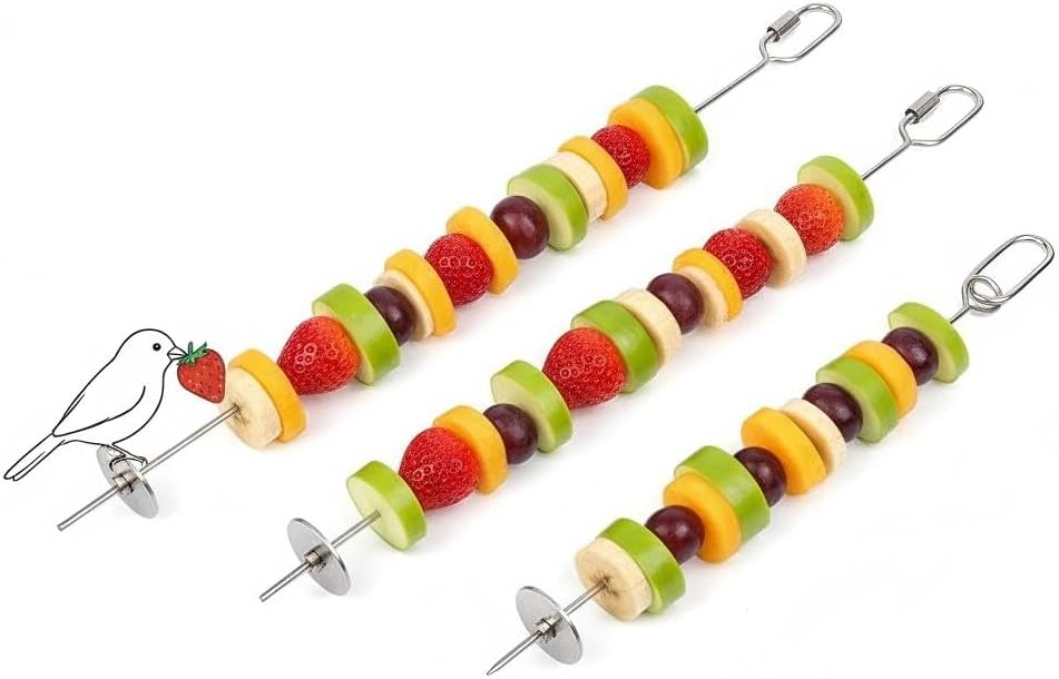 3P Stainless Steel Bird Cage Food Holder & Foraging Toy for Parakeets, Budgies, Macaws - Fruit & Vegetable Skewer Feeder