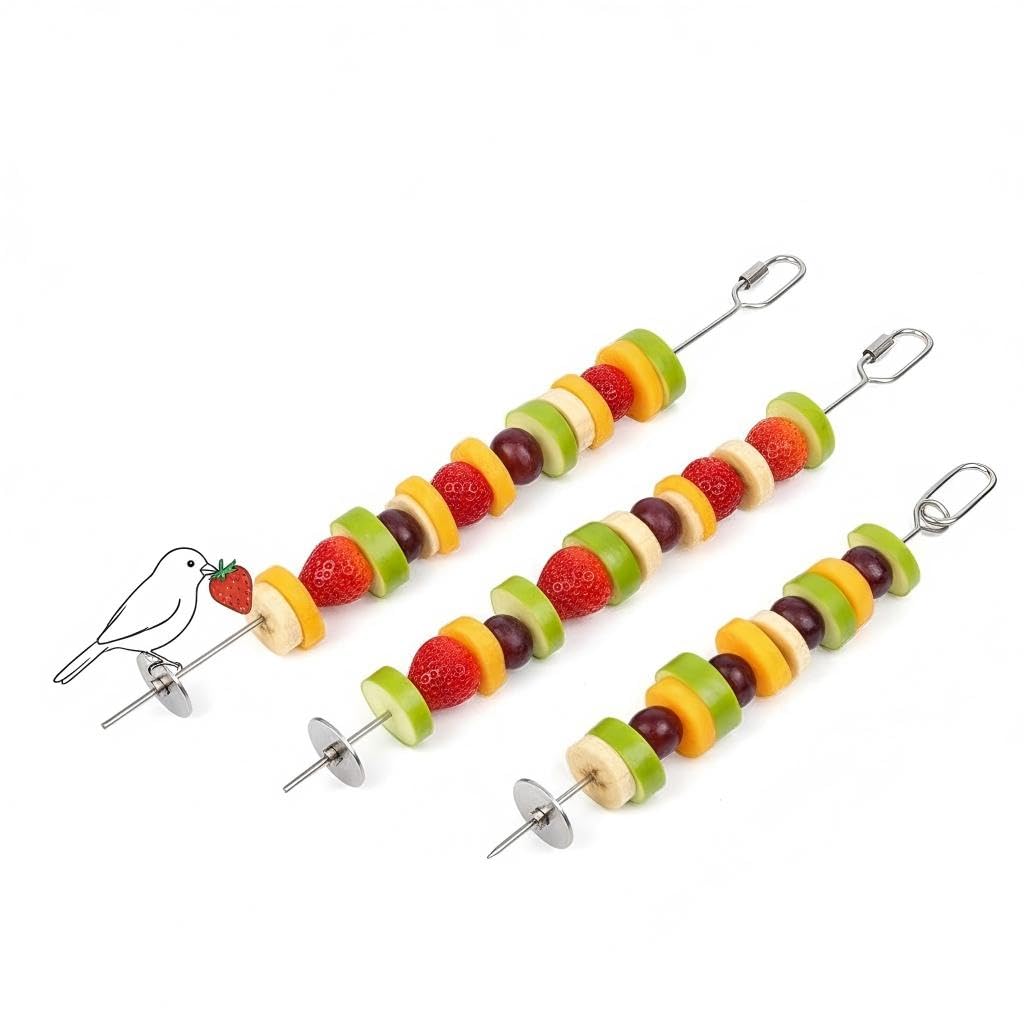 3P Stainless Steel Bird Cage Food Holder & Foraging Toy for Parakeets, Budgies, Macaws - Fruit & Vegetable Skewer Feeder