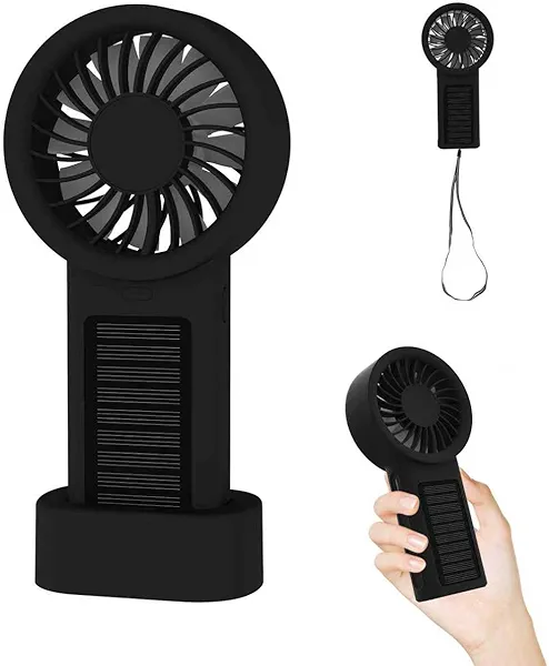 Portable Handheld Solar Fan, Mini Personal Fan with Base & Hanging Rope, Up to 10 Hours, 5 Speed Wind, Low Noise, USB Rechareable Hand Held Fan for Travel Office Home
