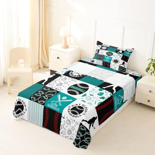 Image of Castle Fairy Baseball Bed Sheet Set for Kids,Sports Geometric Grid Green Sheets Set,Patchwork Baseball Home Decor Sheet Sets with Deep Pocket,Top Flat Sheet,Twin Size