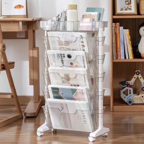 OTHZON Multifunktionales mobiles Bücherregal mit 6 Ebenen und Rollen, transparentes und sichtbares Bücherregal, mobiler Bücherwagen-Organizer for Büro, Schule, Klassenzimmer und Zuhause