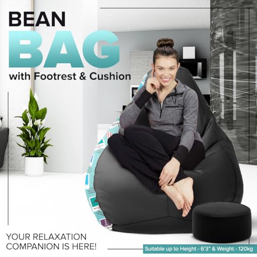 Image of Amazon Brand - Solimo Premium Faux Leather Bean Bag Combo with Footrest & Cushion, Filled with Beans | Capacity: Upto 6 Ft 3 in Height, 120 KG Weight | 3XL | Globe Trotter | Black