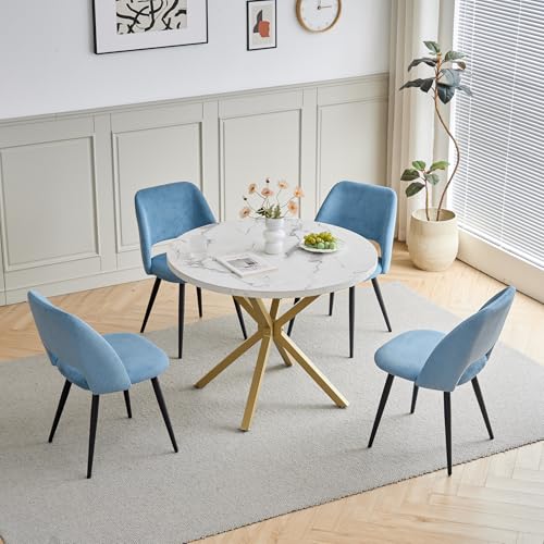 DEYARNA HOME Juego de Comedor Mesa Redonda con 4 Sillas de Terciopelo (Pana), Estilo Mid-Century Modern, Mesa de Cocina con 4 Sillas Tapizadas para Cocina, Salón, Restaurante (Blanco/Oro+Azul)