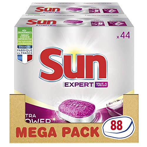 SUN Tablettes Tout en 1 Extra Power X88, Hygiène renforcée, Efficace sans pré-rinçage, Fabriqué en France, 88 lavages (Lot de 2 x 44 Lavages)