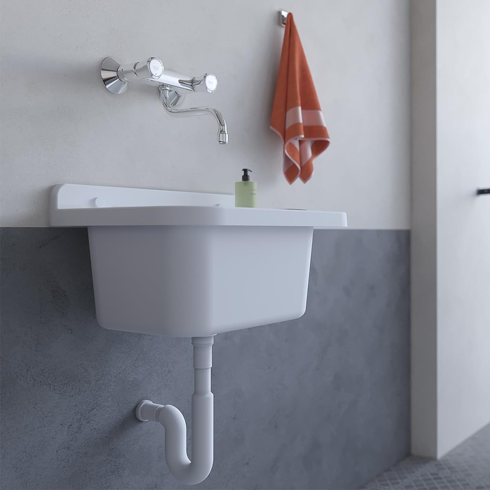 Set Pilozzo Sospeso 50x34 Cm Bianco - Vasca Lavatoio In Resina Resistente Agli Acidi Con Porta Sapone - INCLUDE Miscelatore Canna Alta Cromo In Acciaio INOX E Kit Scarico