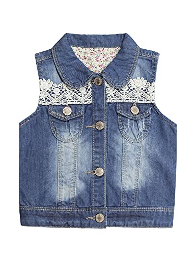KIDSCOOL SPACE Girl Denim Vest, Round Collared Lace Sleeveless Jeans Tops