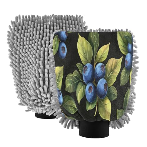 STAYTOP Fresh Blueberries Car Wash Mitt Microfiber, 2Pcs Scratch Free Lint-Free, Premium Chenille Microfiber Mitt Car Wash Brush-L