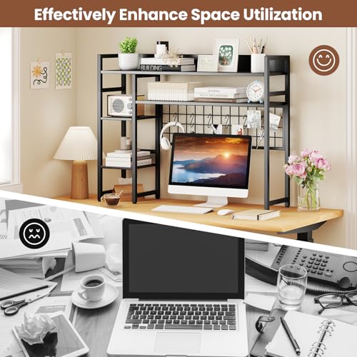 Image of Tangkula Desktop Bookshelf for Computer 32 inch Monitor, 37 inch Countertop Storage Hutch with 4 Open Storage Shelves, Grid Panel, Anti-tip Device, 4-Tier Desktop Display Shelves for Home Office