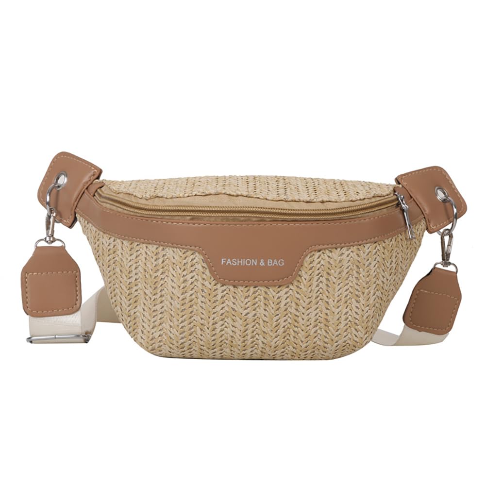 Women's Straw Woven Crossbody Bag, Large Capacity Retro Casual Fanny Pack Chest Bag, Lightweight Change Phone Shoulder Bag (Khaki)