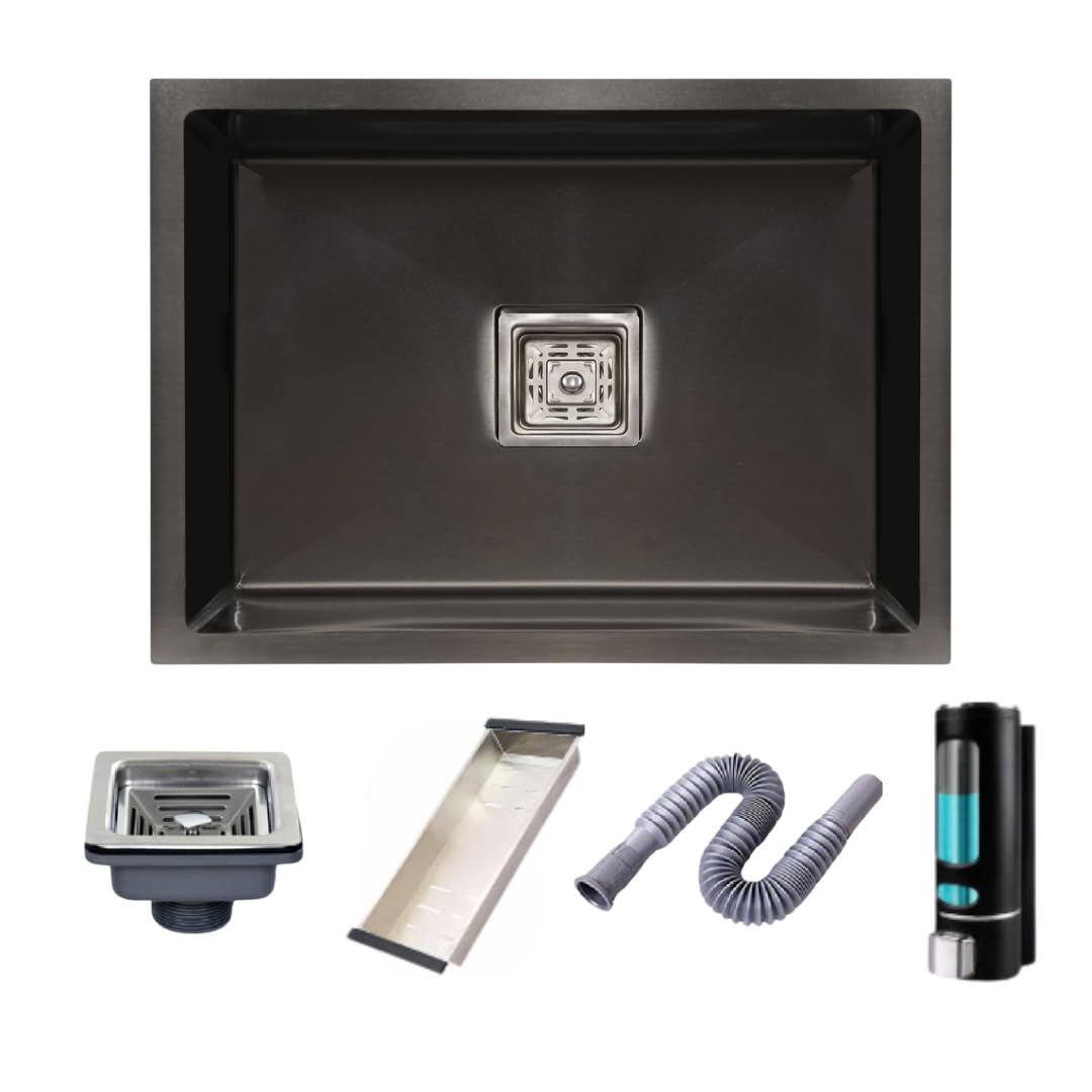 Bowls & More | Handmade Kitchen Sink | 24" × 18" x 10" Matt Finish | Single Bowl Sink With Tray Basket And Soap Dispenser | Heavyduty Stainless Steel Sink | Vessel Sink (Black) (B0CL9YP4HG) Amazon Price History, Amazon Price Tracker