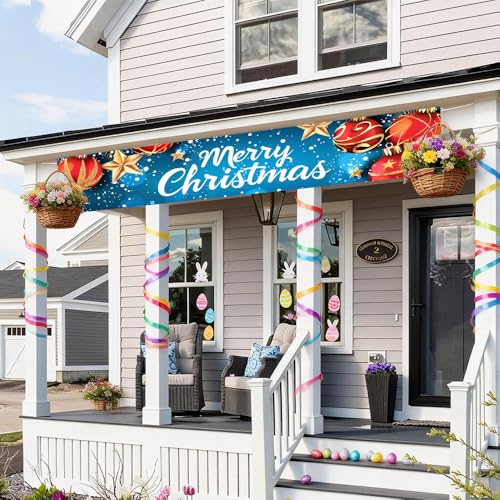 Image of Christmas Ball Ornament Outdoor Banner 78.7 x 17.7 Inch Red and Gold Decoration with Stars Snowflakes and Sparkling Lights Festive Holiday Backdrop for Yard Garden Porch Fence or Patio Display