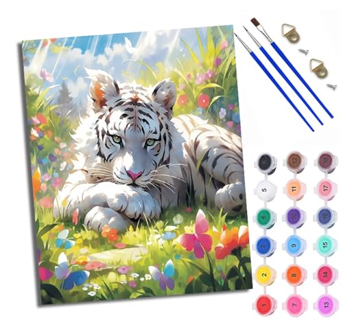 WXRWANG Pintura por Números para Adultos Flores de tigre blanco rodeadas de mariposas Pintura al óleo digital para adultos de Cuadro para Pintar por Números con Lienzo Con marco pintura al óleo de