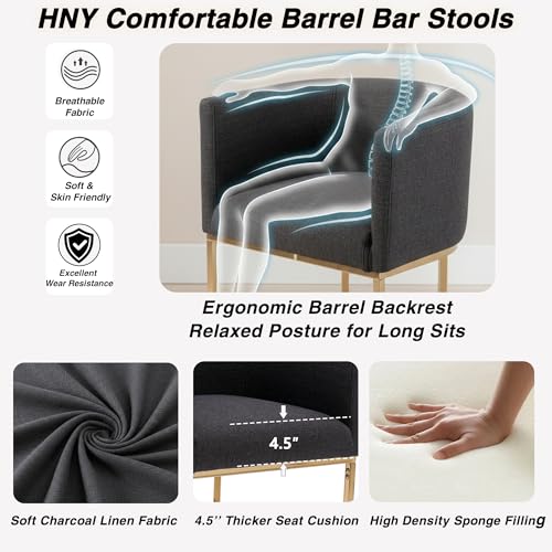 Image of HNY Modern Barrel Counter Height Bar Stools Set of 3, 29 Inch Charcoal Linen Kitchen Barstools with Back for Island, with Gold Metal Tubular Frame