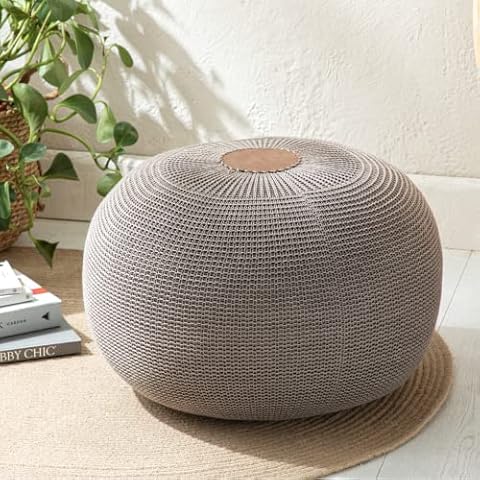 English Home Round Ottoman Pouf Footstool Knitted Pouffe Stool Seat Cushion Boho Home Decor Extra Seating Floor Cushion for Living Room, Bedroom, Indoor, Outdoor 37 x 50 cm Brown Cover