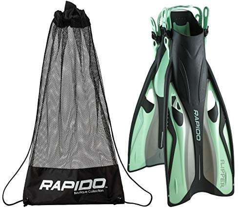 Phantom Aquatics Rapido Boutique Collection Flipper Open Heel Adjustable Snorkel Fin with Snorkeling Gear Carry Bag, Mint Black, s/m, US: 6-9 / EU: 38-42 (FA68-ATL-FA68002)