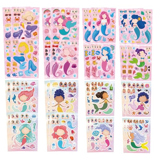 32 PCS Stickers for Kids Party Bag fillers Mermaid Stickers Make a face Stickers for Kids Sticker Sheets for Children Stickers for Party Bags Kids Party Favor Supplies Holiday & Christmas Fun