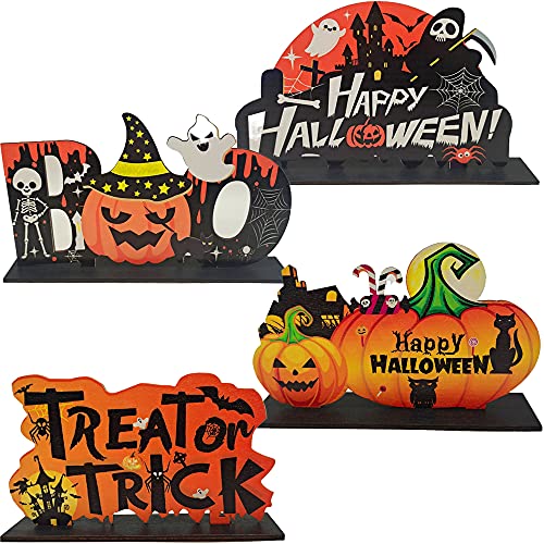 QICI 4 Pieces Halloween Table Decorations Halloween Table Centerpiece Boo Spooky Wood Sign Trick or Treat Witch Hat Wood Sign Table Decor Ornaments Table Topper Decoration for Indoor Outdoor Halloween Party