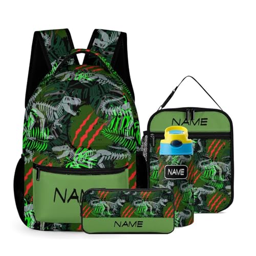 Custom 4Pcs Backpack Set with Lunch Bag Pencil Case Kids Water Bottle Add Your Name Personalized School Book Bags Customization Dinosaur Skeleton Claw Backpack for Girls Boys
