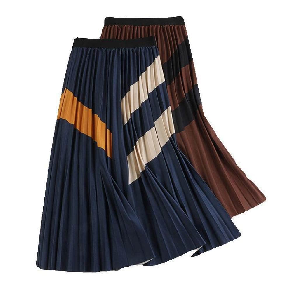 OZEO Gonne,Gonna Midi da Donna Blocchi di Colore Strisce Diagonali Retro Gonna A Pieghe Blu Vita Alta A-Line Grande Altalena Increspata Casual Gonne Lunghe per Donna Ragazze Autunno,L