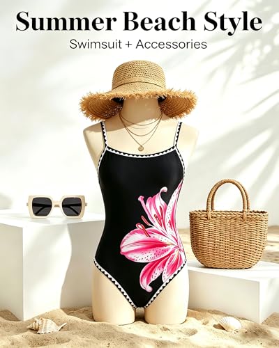 Image of Jolefille Womens One Piece Swimsuit Tummy Control Modest Bathing Suit Teen Girls Swim Suit Cute Floral Swimwear