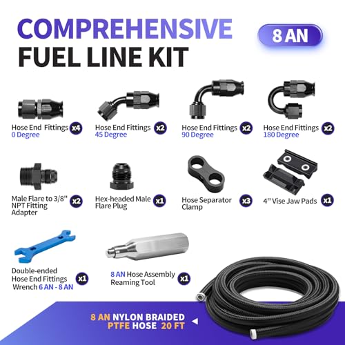 AOOSEDOO 8AN PTFE Fuel Line Kit, AN8 E85 Nylon Braided PTFE Fuel Line Hose 20FT With 8AN Hose End Fittings Straight/45/90/180 Degree and Hose Fittings Adapters