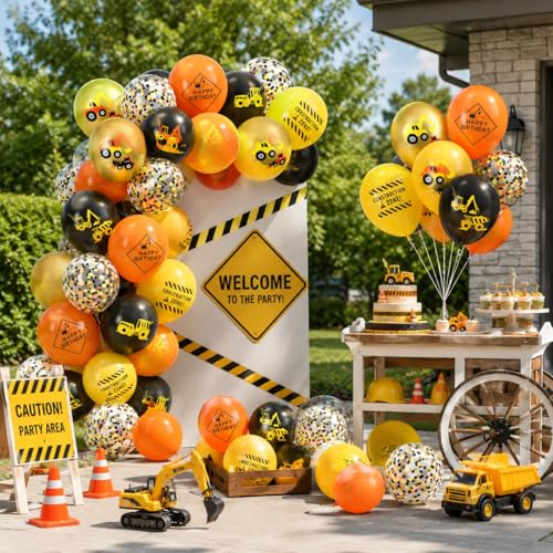 Image of Construction Balloons, 12 Inch Gold Black Yellow Orange Confetti Balloons for Boy Baby Shower Construction Themed Birthday Truck Party Graduation Supplies
