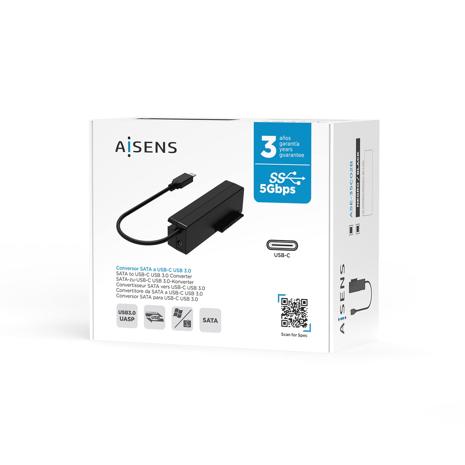 AISENS - ASE-35C02B adapter do dysków twardych 2,5"/3,5" SATA A A USB-C USB USB 3.1 GEN1 Czarny