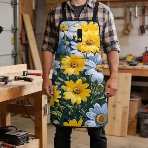 Delantal azul y amarillo con flores y cierre rápido miniatura 5