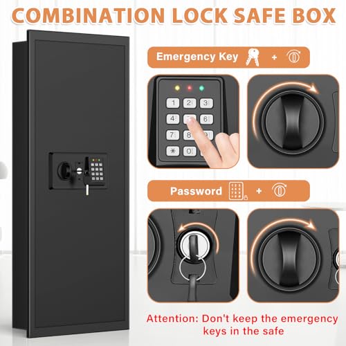 Image of Black 37.4 inch Tall Wall Safe Between Studs with Combo Lock & Removable Shelf